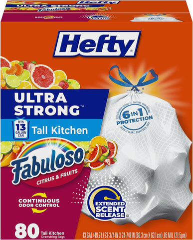 Hefty Ultra Strong 13 Gal Kitchen Trash Bags, White, Fabuloso Citrus, 80ct