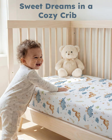 Baby Crib Sheets for Boys Girls, Toddler Bed Sheets Fitted for 52"x28" Standard Crib and Toddler Mattresses, 4 Pack Soft Stretchy Microfiber Khaki Blue Dinosaur