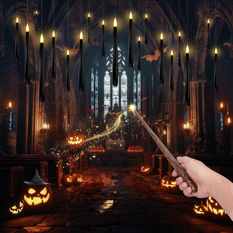 Homemory 20PCS Black Floating Candles with Wand Remote, Flameless Hanging Taper Candle with Flickering Warm Light, Battery Operated Magic Deco Candles for Halloween, Christmas, Birthday, Indoor Decor