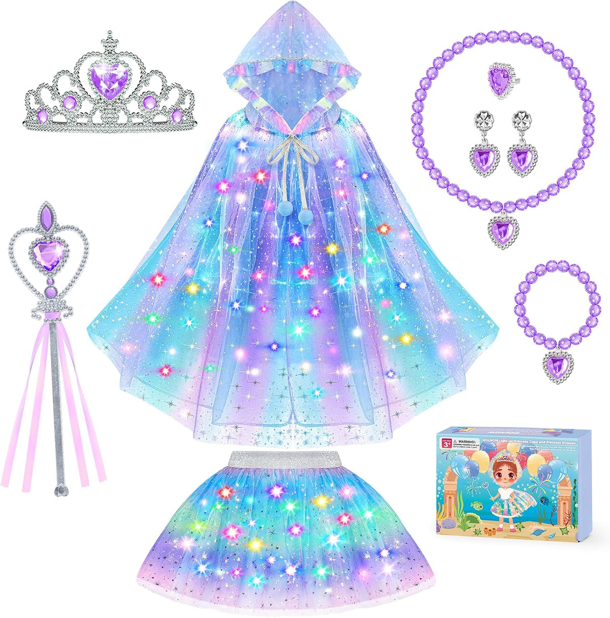 Princess Dress Up for Girls, Unicorn Light up Princess Cape Princess Dress
