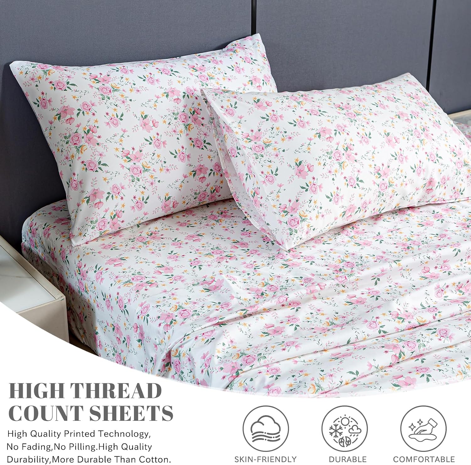 Bedlifes Floral Pattern Bed Sheet Set Queen Size, 16" Deep Pocket 4PCS