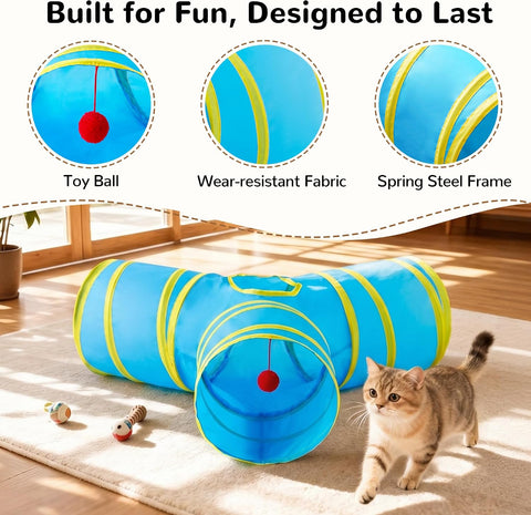 Tempcore Cat Tunnel, 3-Way Collapsible Toy for Indoor Cats, Blue & Yellow