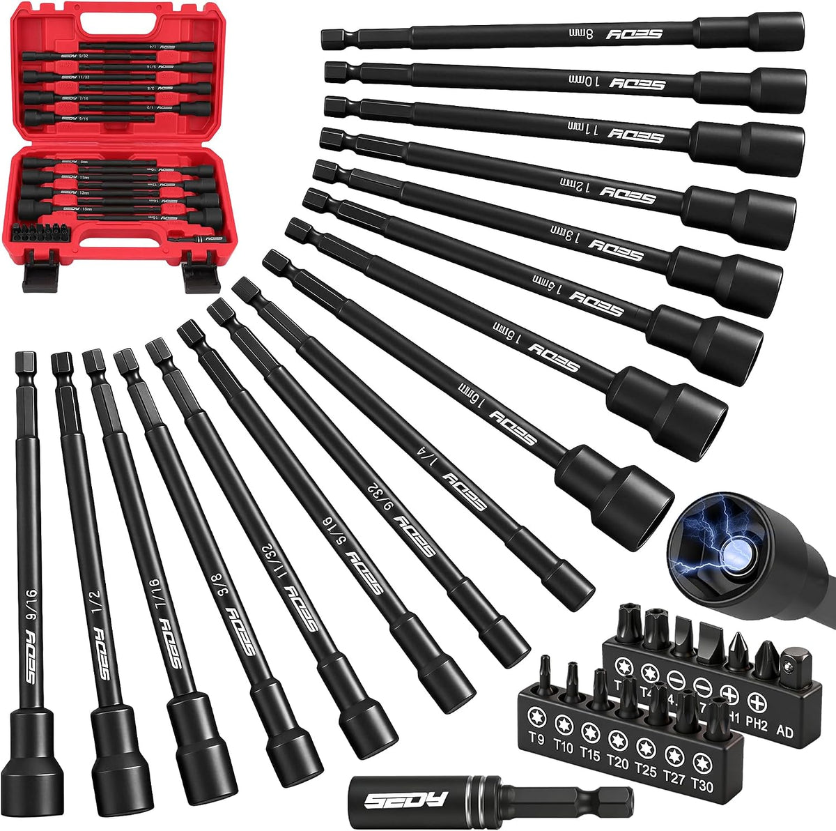 Nut Driver Impact Bit Set - 31-Piece Magnetic Socket Impact Drill Bit Tool Sets Extra Long Hex Nut Setter Driver Holder - Metric SAE Screwdriver Bits 1/4 Drive Shank Adapter Extension