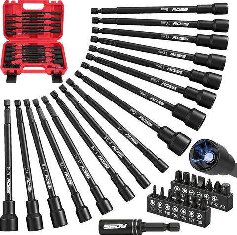Nut Driver Impact Bit Set - 31-Piece Magnetic Socket Impact Drill Bit Tool Sets Extra Long Hex Nut Setter Driver Holder - Metric SAE Screwdriver Bits 1/4 Drive Shank Adapter Extension
