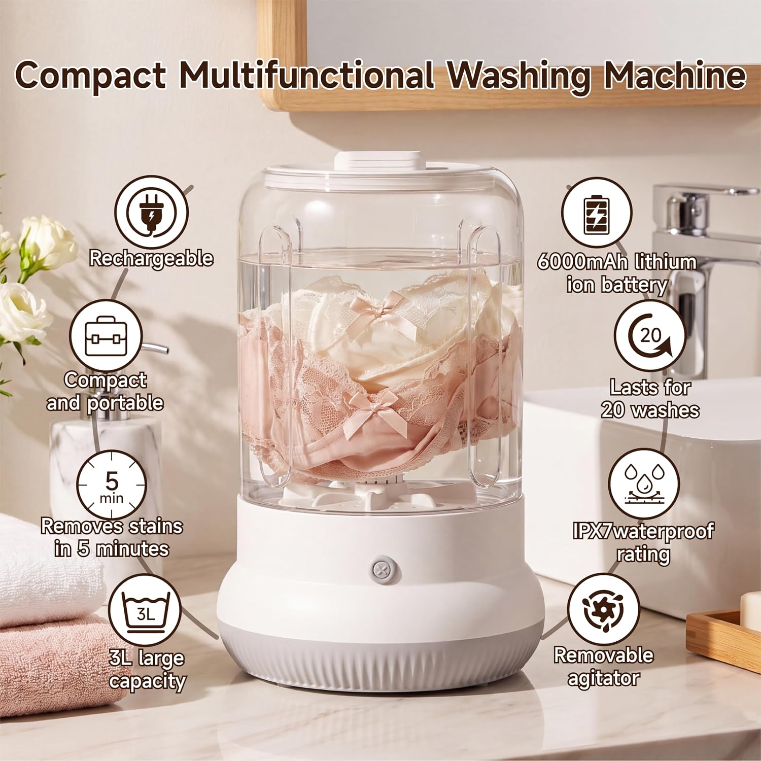 Mini Washing Maching，Rechargeable Small Underwear Washer（White）