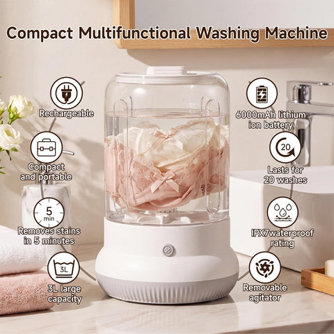 Mini Washing Maching，Rechargeable Small Underwear Washer（White）