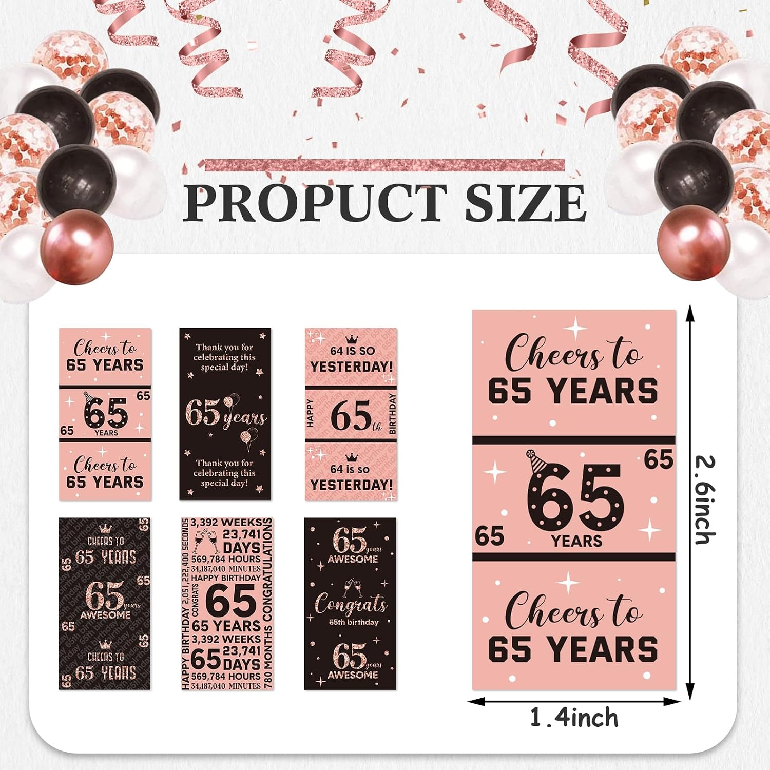 Tenare 90 Pcs 65th Birthday Candy Wrappers, Pink Stickers