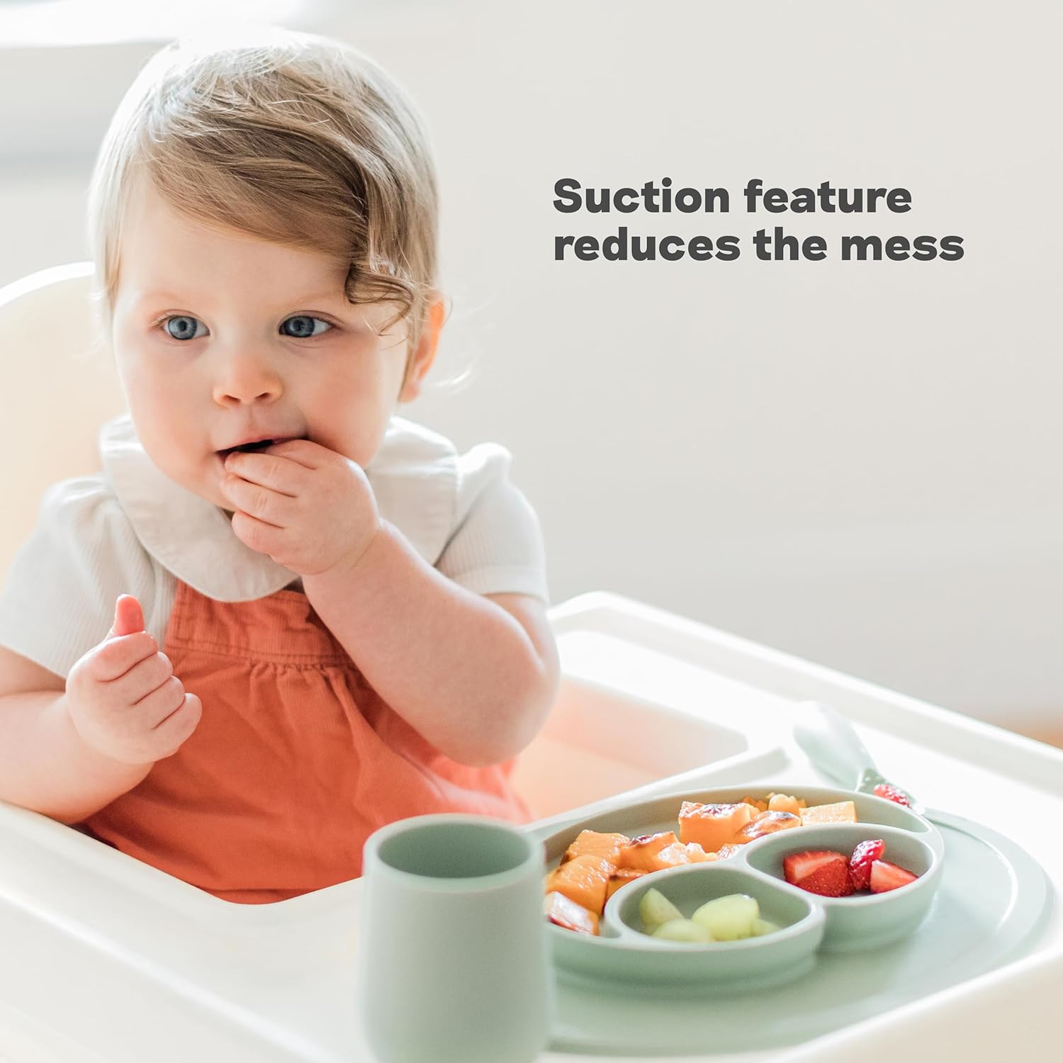 ezpz Mini Mat (Blue) - 6 -12 Months+ - 100% Silicone Suction Placemat + Divided Plate with Three Compartments - Supports Baby-Led Weaning - Designed for Highchair, Table, and Travel