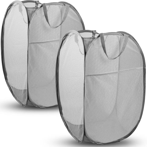 2 Pack Pop Up Laundry Hampers, 70 L Collapsible Foldable Mesh Basket, Gray