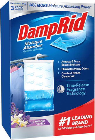 DampRid Lavender Vanilla Hanging Moisture Absorber, 16 oz., 3 Pack - Eliminates Musty Odors for Fresher, Cleaner Air, Ideal Moisture Absorbers for Closet, Blue, Small