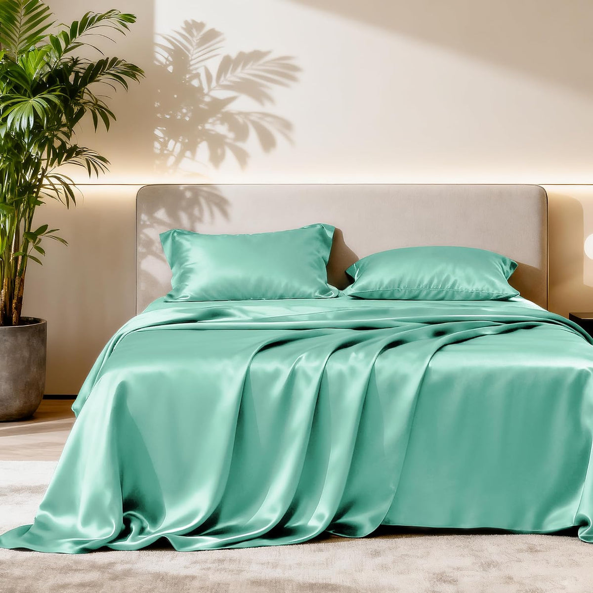 Love's cabin Satin Twin Sheets Set, 3 Piece Aqua Silky Bed Set