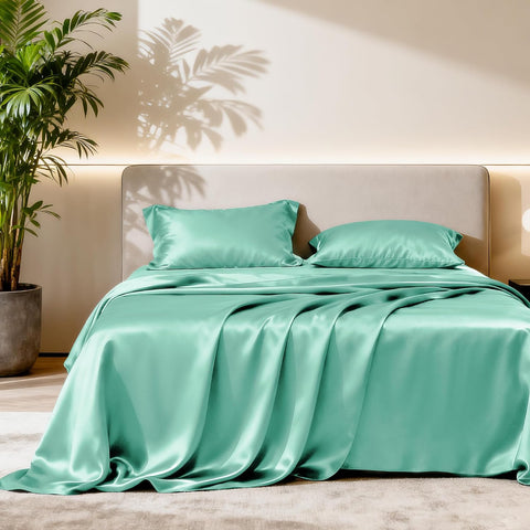 Love's cabin Satin Twin Sheets Set, 3 Piece Aqua Silky Bed Set