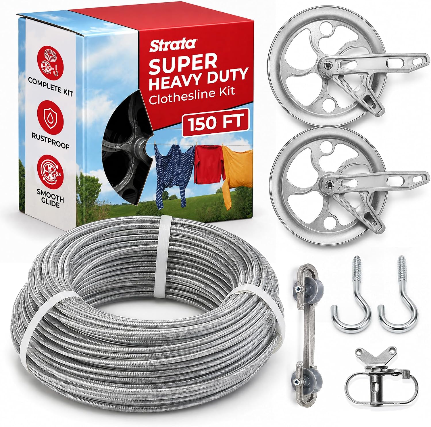 STRATA Heavy-Duty Clothesline Kit, 150ft Steel Cable, Premium Metallic