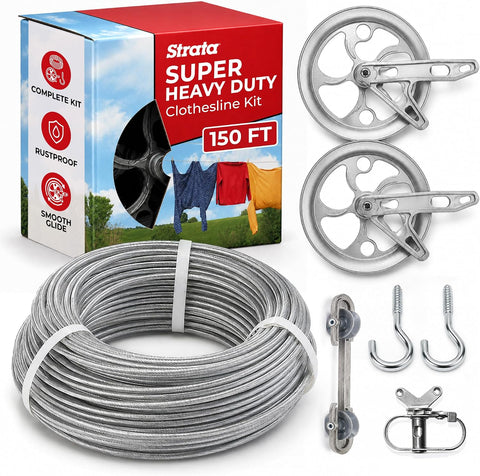 STRATA Heavy-Duty Clothesline Kit, 150ft Steel Cable, Premium Metallic