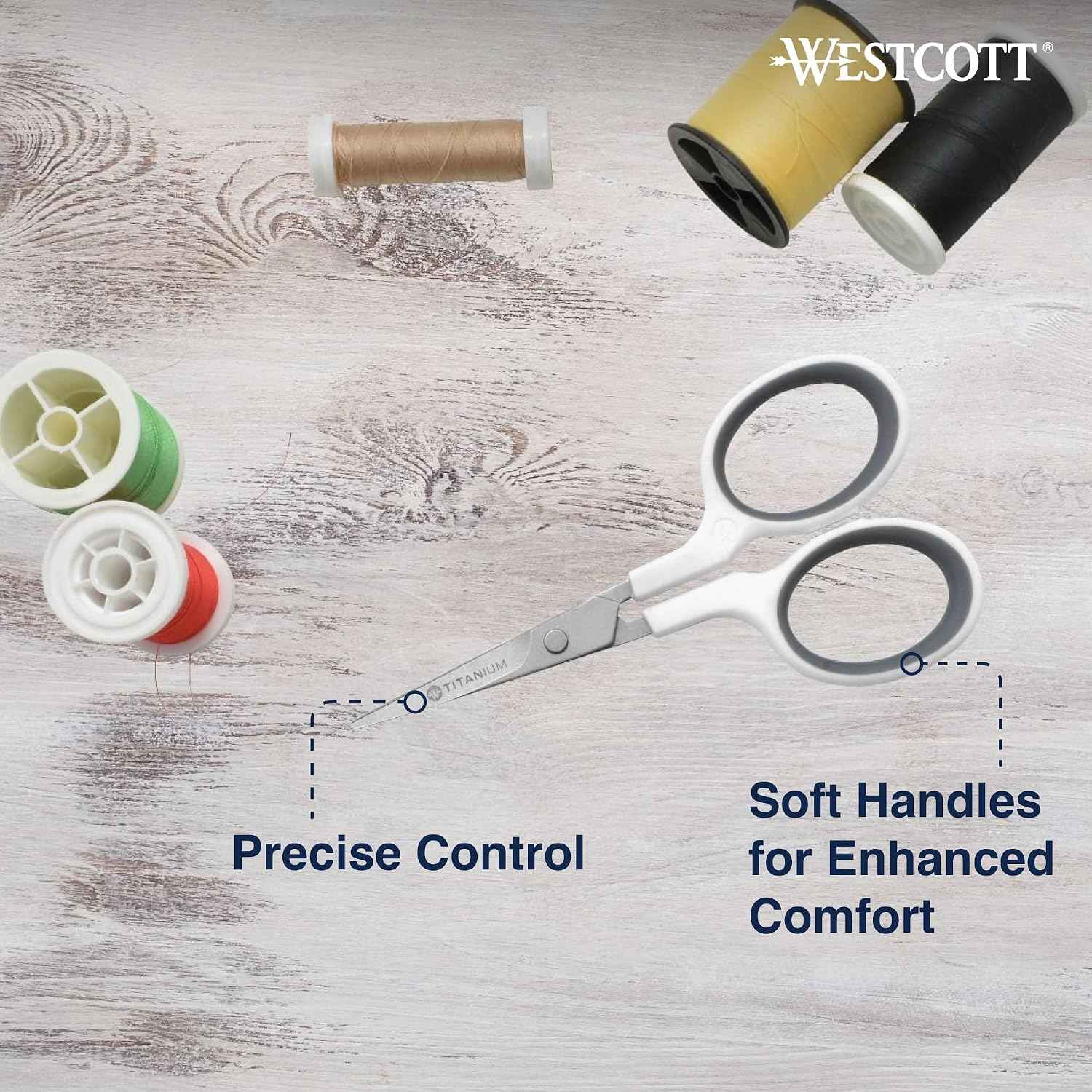 Westcott 4" Embroidery Scissors with Curved Titanium-Bonded Blades for Flush Trimming, Crafting, Sewing & More (White/Gray)