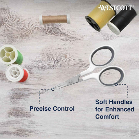 Westcott 4" Embroidery Scissors with Curved Titanium-Bonded Blades for Flush Trimming, Crafting, Sewing & More (White/Gray)