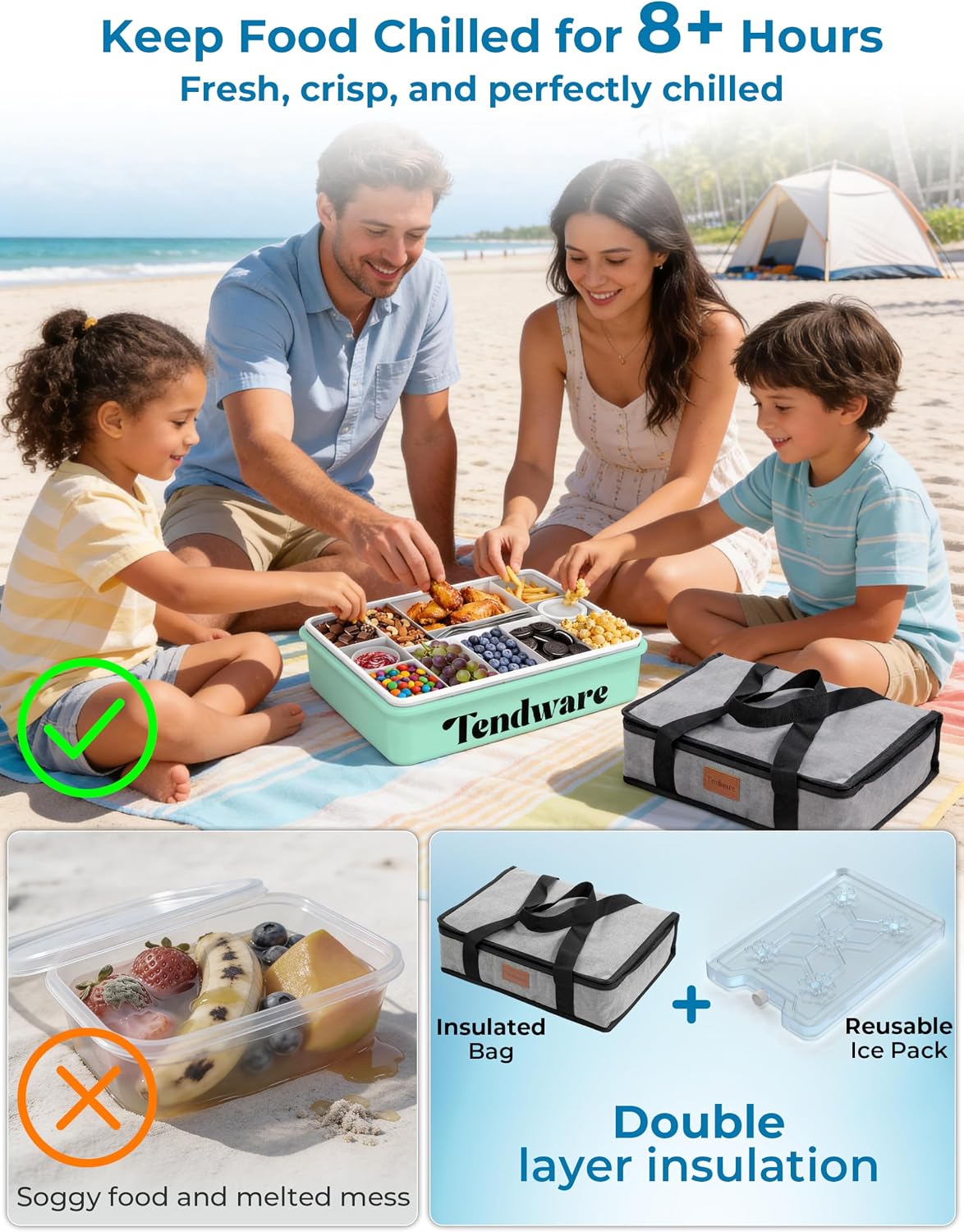 Chilled Snackle Box Container with Ice Pack, Divided Tray with Clear Lid & Bag, 8+Hrs Cooling, Beach Road Trip Essential for Family, Travel Snack Container for Picnic Camping Tailgate, Gifts for Women