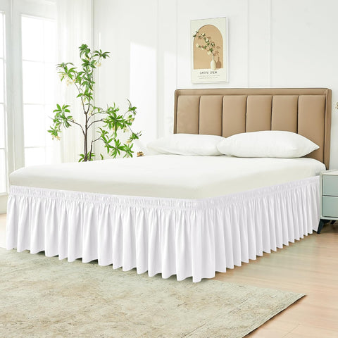 Wrap Around Bed Skirt King Size 15 Inch Drop-Elastic Dust Ruffle White