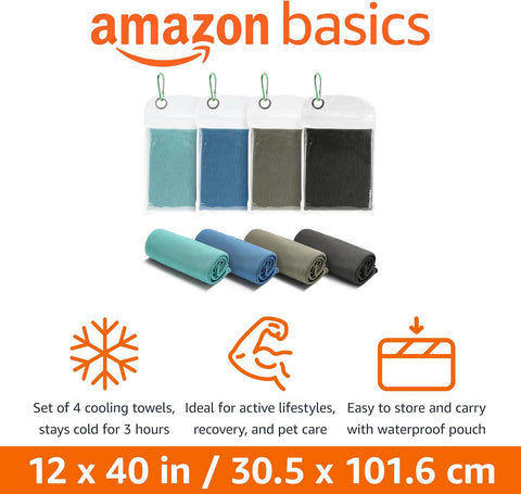 Amazon Basics Cooling Towels for Neck and Face, Sports, Workout Recovery, 40" x 12", Black/Gray/Aqua/Navy, 4-Pack