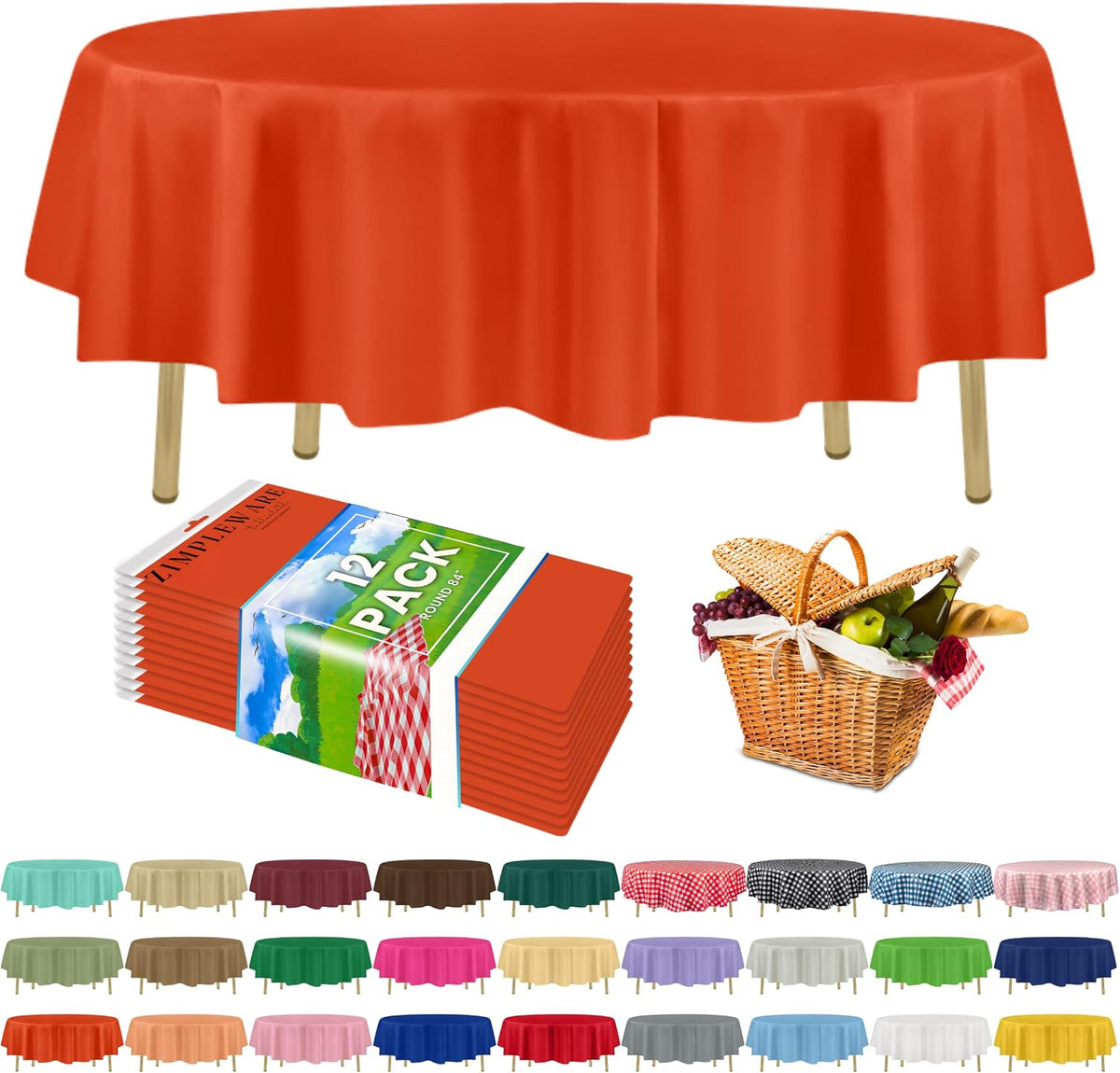ZIMPLEWARE Premium Plastic Table Cloth Disposable Round 84in. 12 Pack