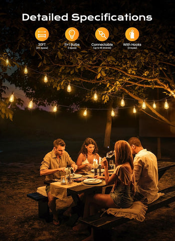 Brightown Outdoor String Lights, 30FT 11+1 LED ST38 LED Patio Lights Shatterproof, Dimmable IP65 Waterproof Connectable Hanging Outdoor Light for Backyard, Porch, Deck, Balcony