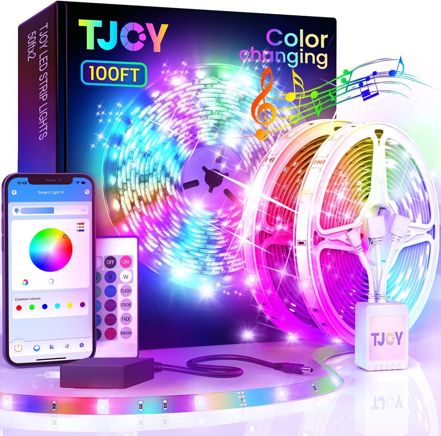 TJOY LED Lights for Bedroom 100ft, RGB Color Changing Led Strip Lighting