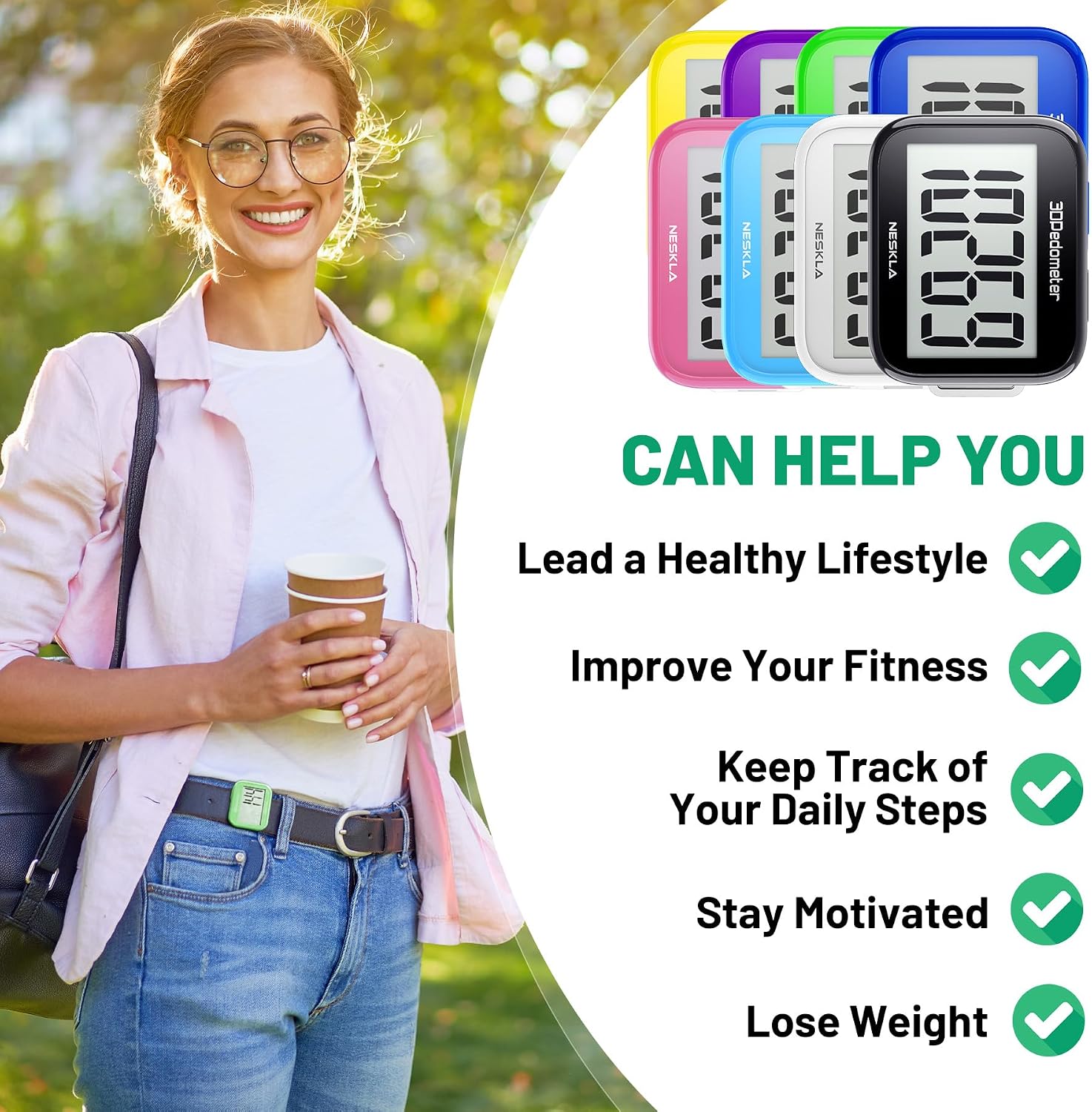 3D Pedometer, Simple Step Tracker with Large LCD Display for Walking