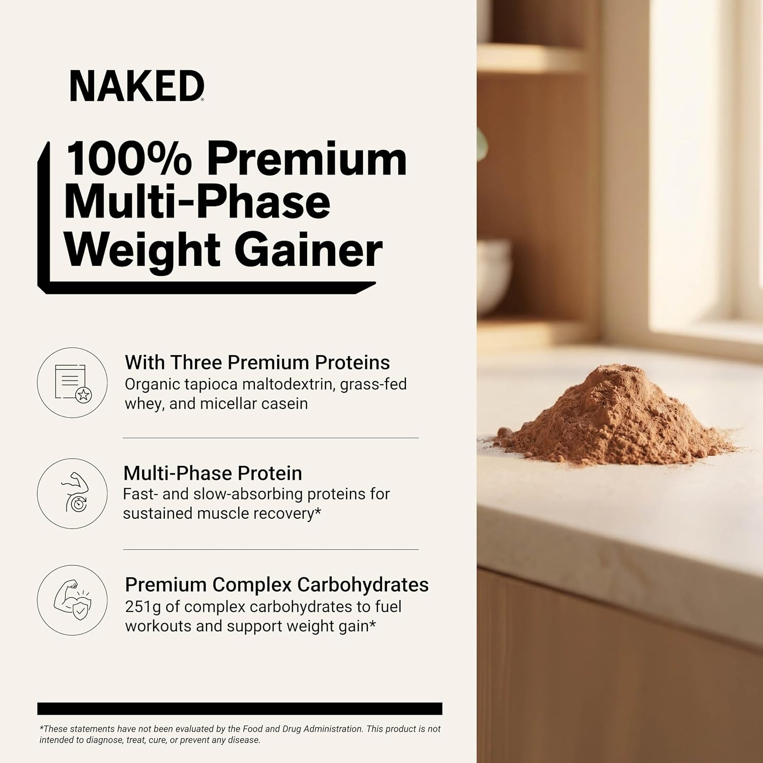 NAKED Chocolate Mass Gainer - All Natural Weight Gainer Protein Powder - 8lb Bulk, NSF Certified, GMO Free, Gluten Free & Soy Free. No Artificial Ingredients - 1,360 Calories