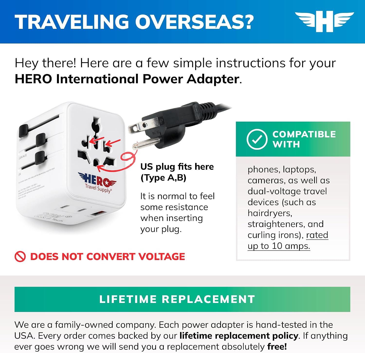 Hero International Travel Power Adapter – Universal Plug for Europe, UK, US, Asia, AUS, 100+ Countries | 2 USB-C & 1 USB-A