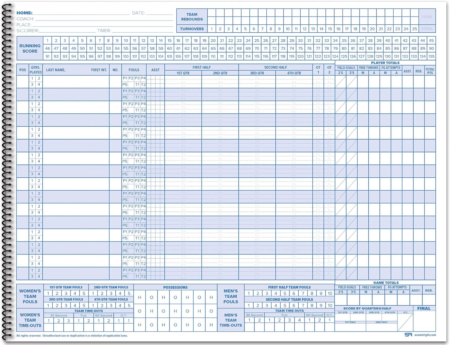 Score It Right Basketball Scorebook – 16-Player Men’s and Women’s Basketball Score Keeping Book – Basketball Game Score Book for Individual and Team Stats – 9.25 x 12-inch Hardcover Book