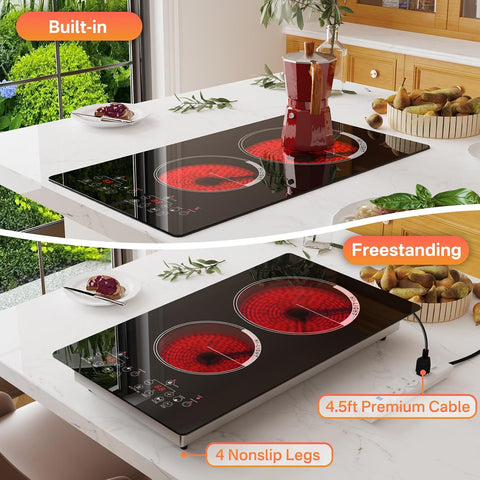 2 Burner Electric Stove 12 inch Hot Plate for Cooking, Built-in Infrared Cooktop, 120V Ceramic Hotplate Plug in Infrared Cooker, Countertop and Built-in Compatible