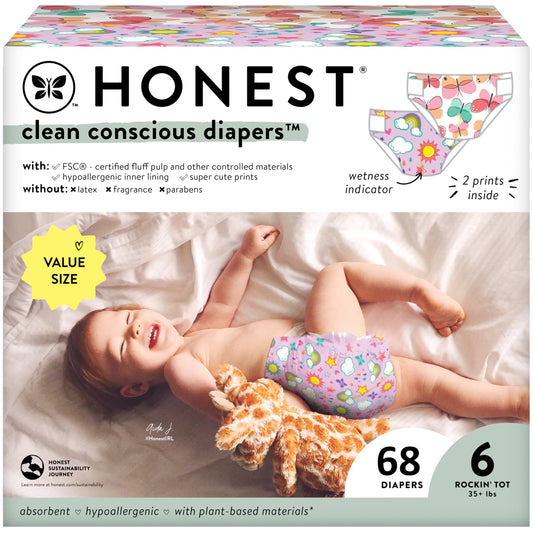 The Honest Company Clean Conscious Diapers | Plant-Based, Sustainable | Sky's The Limit + Wingin It | Super Club Box, Size 6 (35+ lbs), 68 Count