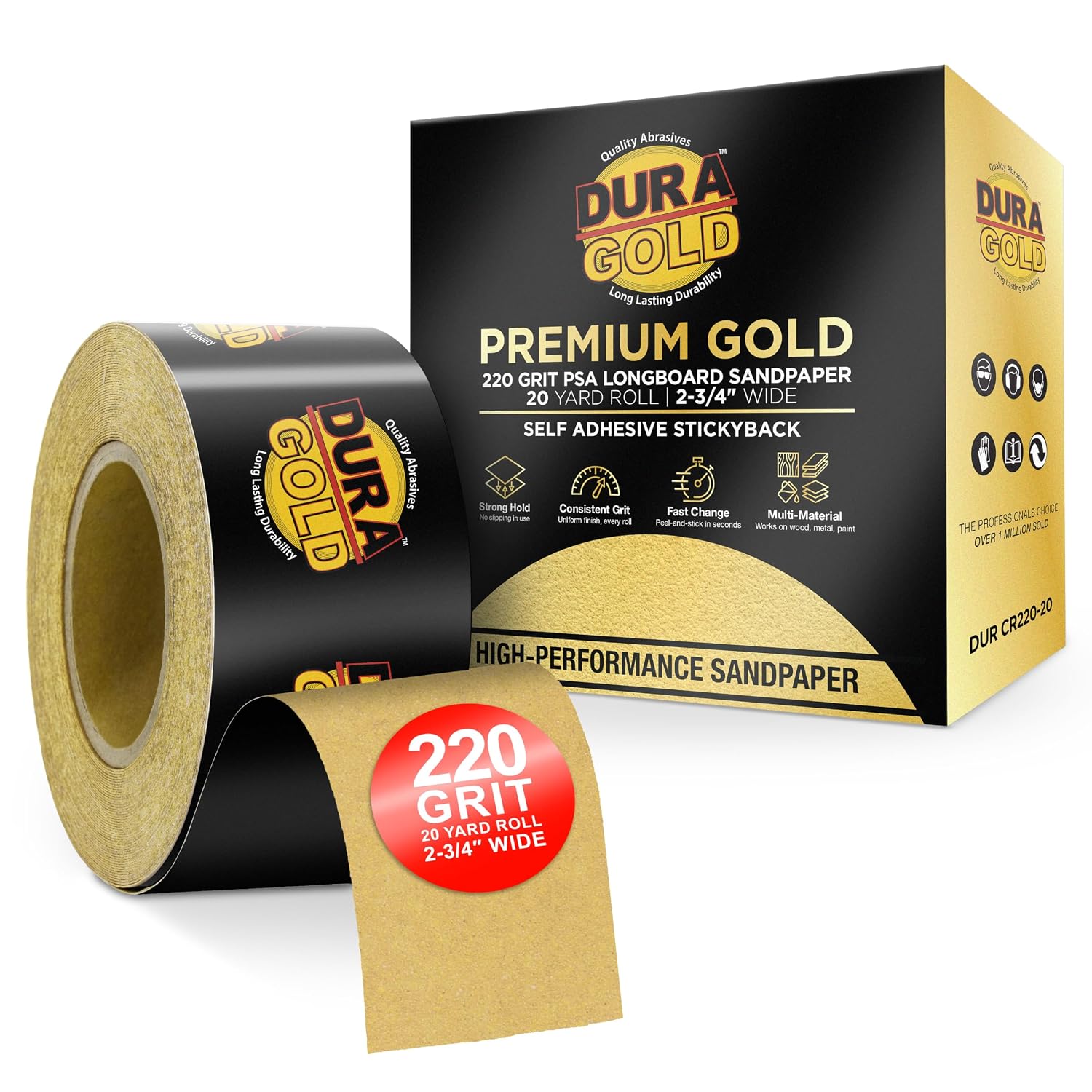 Dura-Gold Gold PSA Longboard Sandpaper, 220 Grit, 20 Yard Roll, 2-3/4" Wide