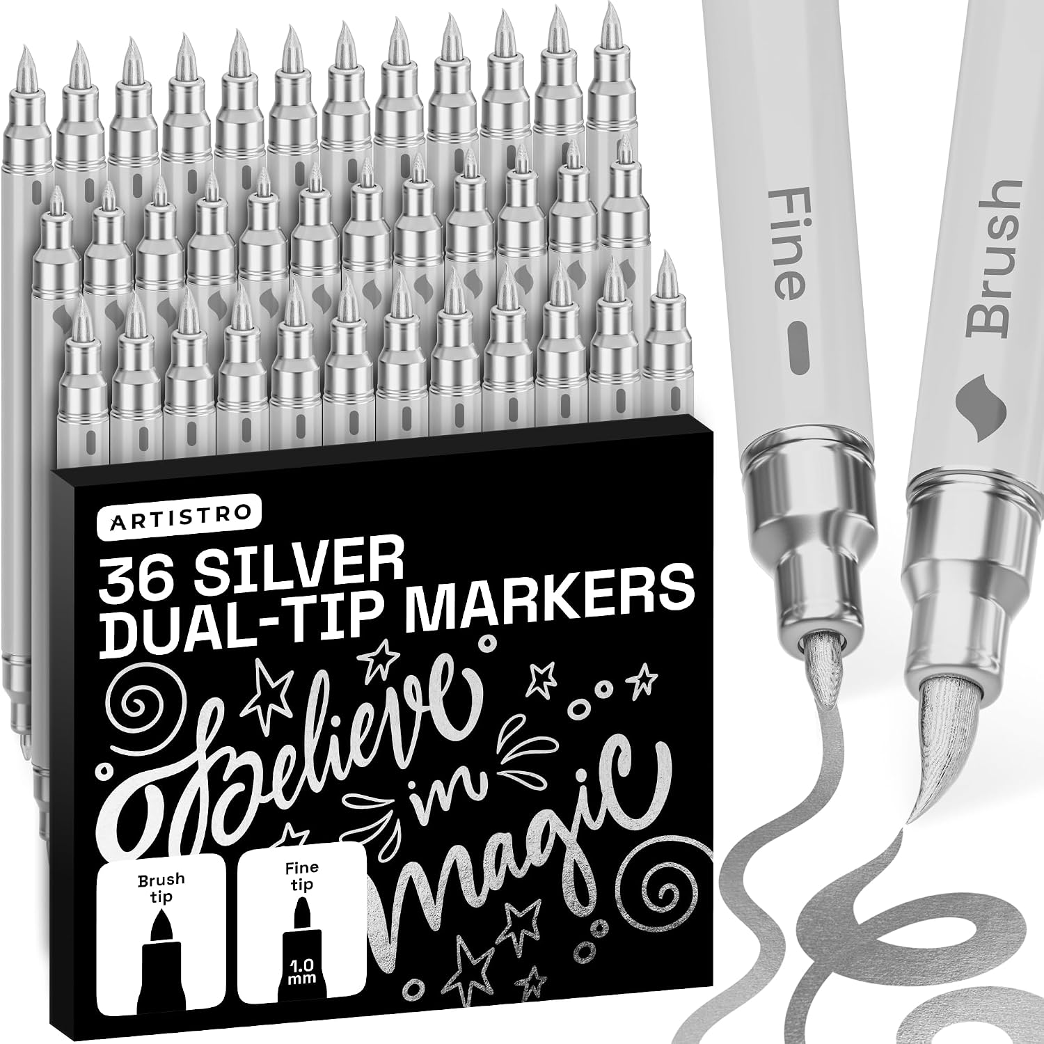 ARTISTRO 36 Silver Dual-Tip Acrylic Paint Marker Pens for Drawing