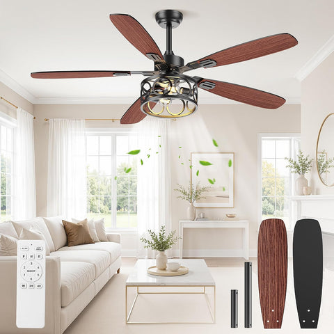 BLNAN 52 Inch Ceiling Fan with Lights and Remote, Caged Ceiling Fans Dual Finish 5 Blades, 6 Speeds + Natural Wind, Quiet <35dB, Flush Mount Ceiling Fan for Living Room, Kitchen and Porch