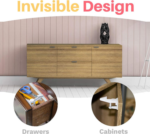 Inaya 16-Pack Cabinet Locks (Standard Length), Child Safety Latches - Baby Proofing Cabinets and Drawer Locks - 3M Adhesive - No Drilling & No Tools Required - Child Proof Your Home