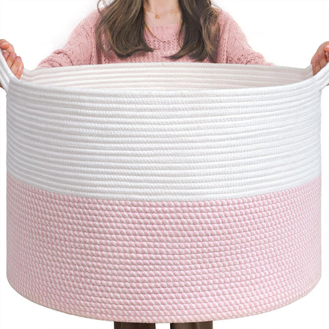 INDRESSME XXXLarge Woven Rope Blanket Basket Living Room Pink, 90L
