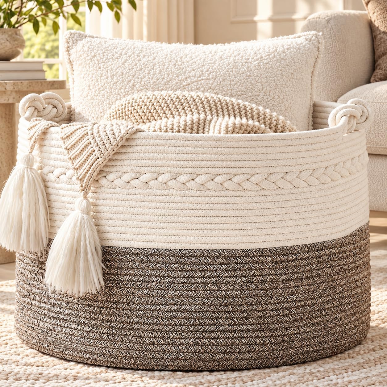 KAKAMAY Large Blanket Basket (20"x13"),Woven Baskets for storage Baby Laundry Hamper, Cotton Rope Blanket Basket for Living Room, Laundry, Nursery, Pillows, Baby Toy chest (White/Beige)