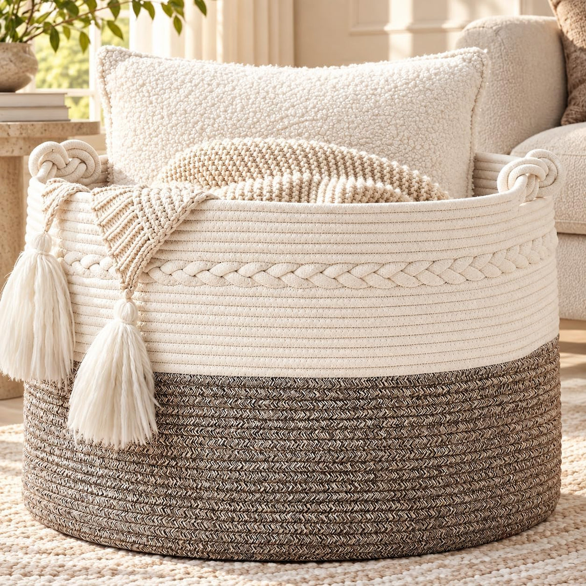 KAKAMAY Large Blanket Basket (20"x13"),Woven Baskets for storage Baby Laundry Hamper, Cotton Rope Blanket Basket for Living Room, Laundry, Nursery, Pillows, Baby Toy chest (White/Beige)