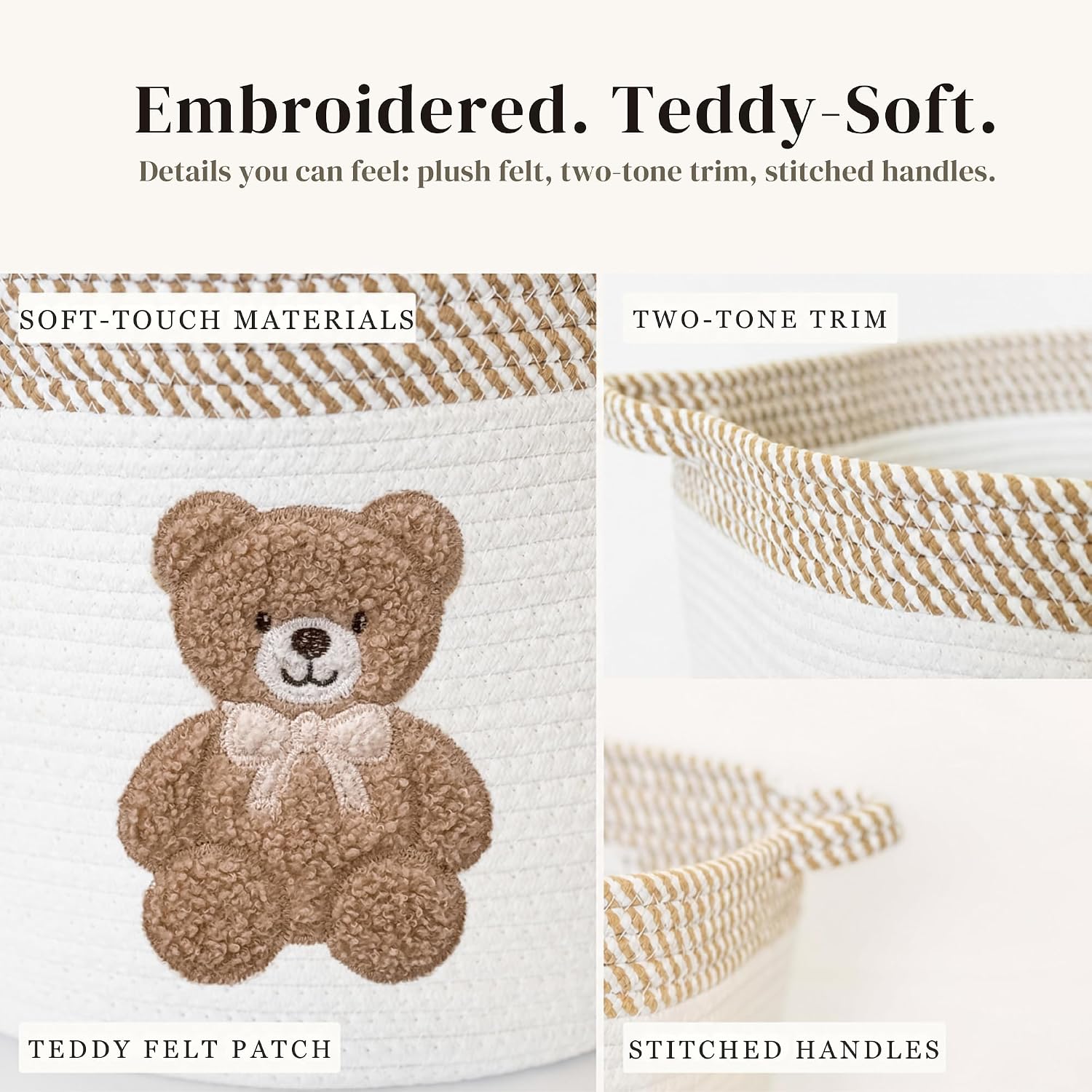 Teddy Bear Baby Storage Basket, Woven Cotton Rope Nursery Bin, 15x11 in