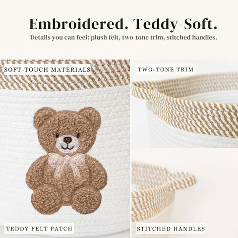 Teddy Bear Baby Storage Basket, Woven Cotton Rope Nursery Bin, 15x11 in