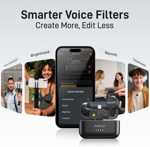 MAONO Wave T5 Wireless Lavalier Microphone for iPhone15/16/17 Android Phone