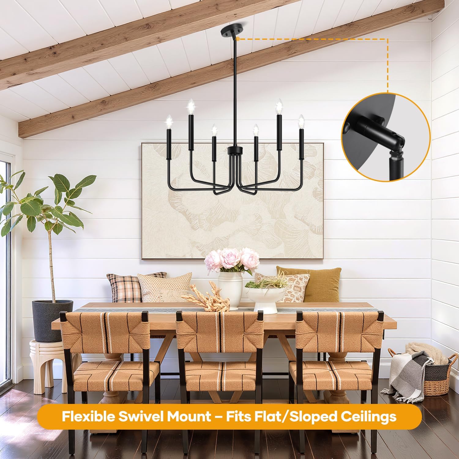 Black Chandelier, 6-Light Farmhouse Chandelier for Dining Room Lighting Fixtures Hanging, Industrial Modern Chandelier for Bedroom, Foyer, Hall, Kitchen, Living Room, Entryway (No Assembly Required)
