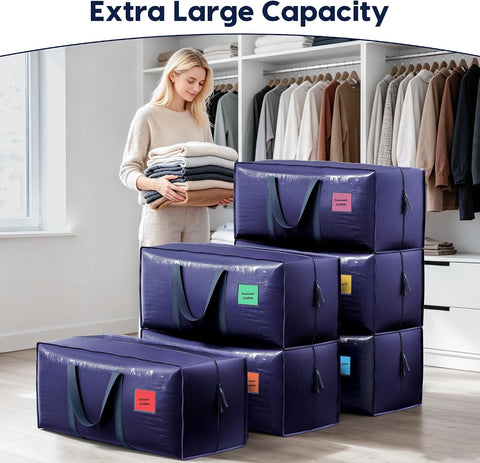 6 Pack Moving Bags Heavy Duty 210GSM with Full-Open Side Zipper, 93L 220lbs Waterproof Foldable Storage Totes for College Dorm Move-In, Moving Boxes Alternative & Home Organization, Blue