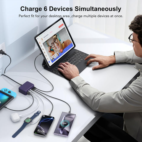USB C Fast Charger, 100W GaN 6 Port Type USB C Charging Station Hub Block Cube, USB C Wall Charger Power Strip Adapter Plug for iPad iPhone 16 15 14 13 12 Pro Max Pixel Note Galaxy, 5ft Cord