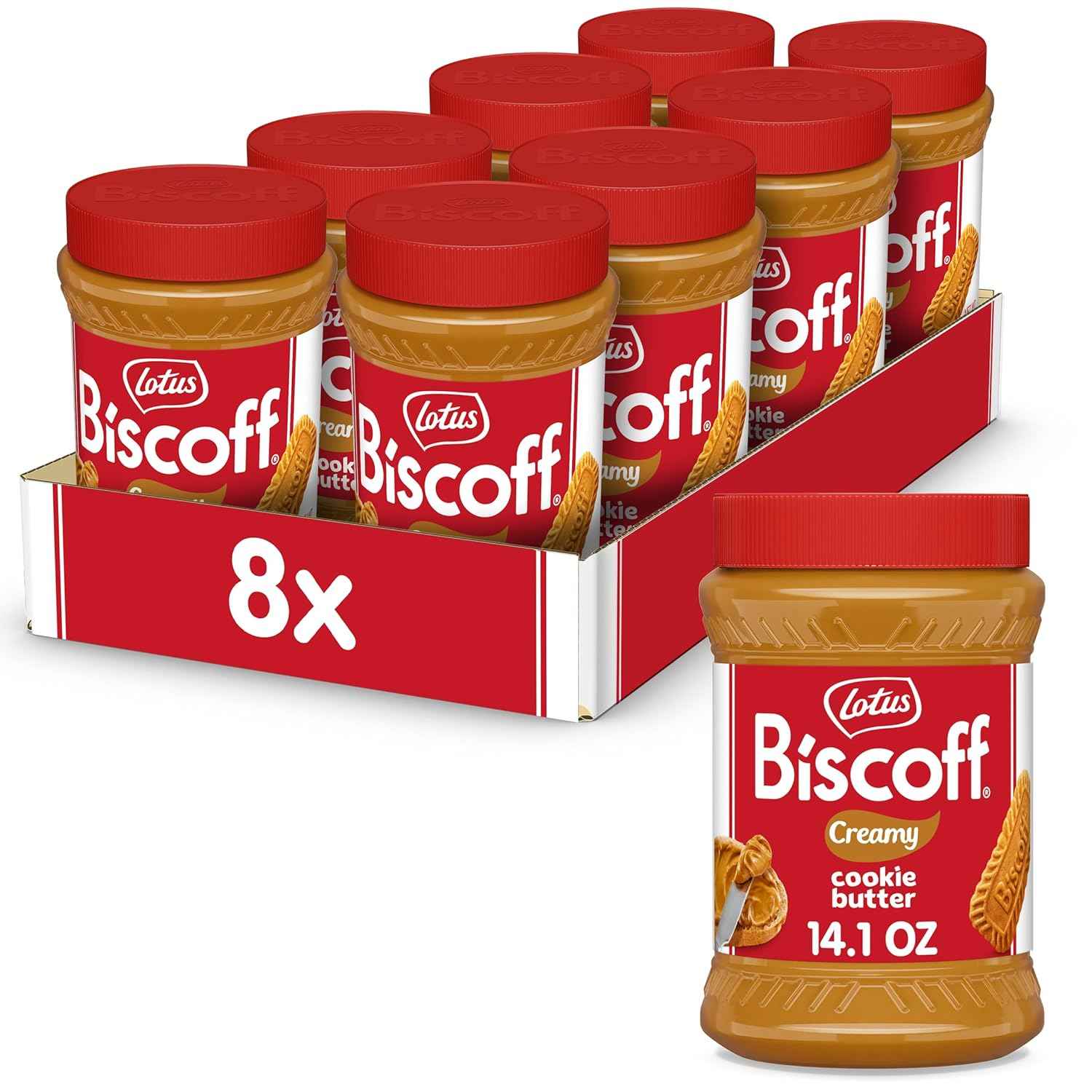 Lotus Biscoff, Cookie Butter Spread, Creamy, non GMO + Vegan, 14.1 oz, Pack of 8 | Bulk pack of smooth spread (3,2kg) – vegan, nut free, no added colours or flavours, great for stocking up