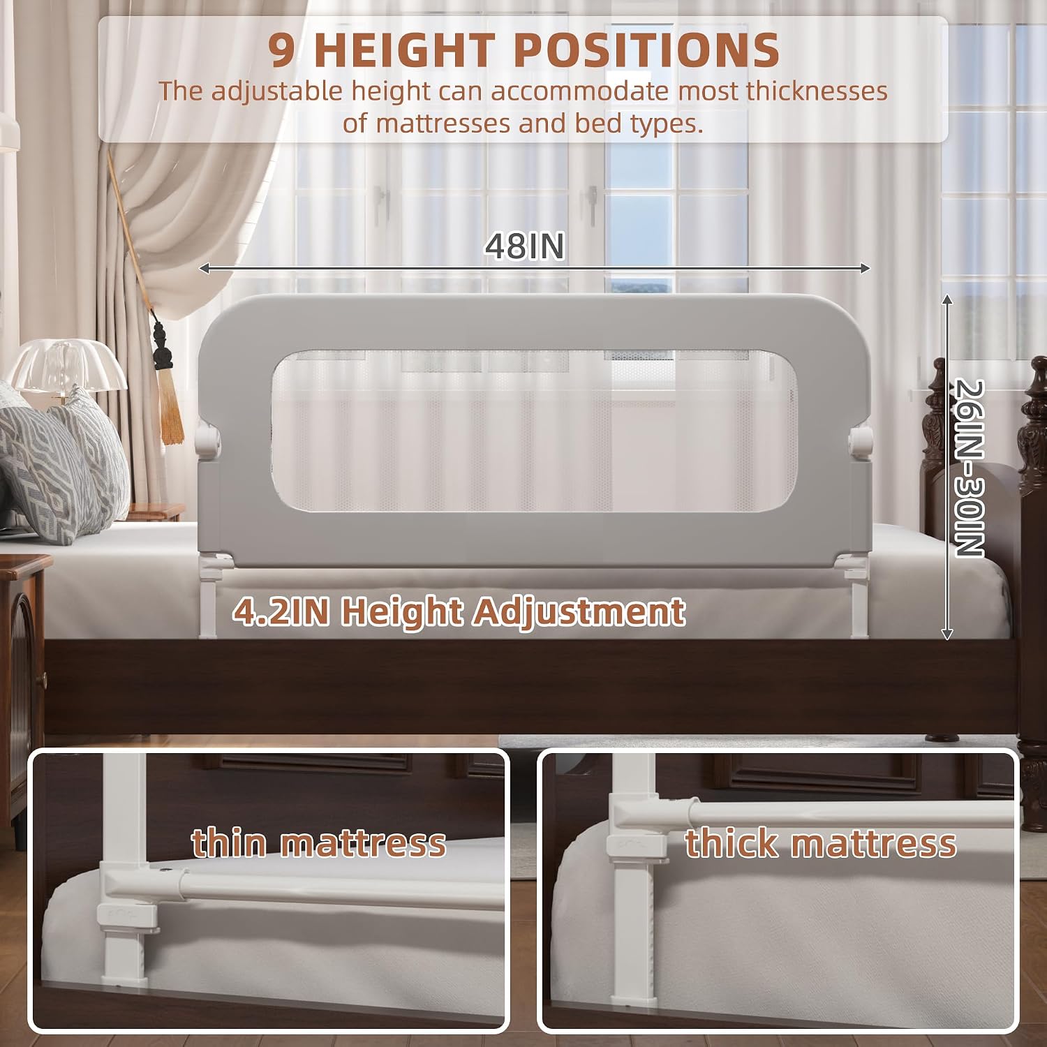 FigTime Bed Rail for Toddlers, Baby Bed Rail Guard for Kids, Toddler Bed Rails with Reinforced Anchor Fit, Height Adjustable & Foldable Bed Rail Guard for Twin, Full, Queen & King Beds (Grey, 48IN)