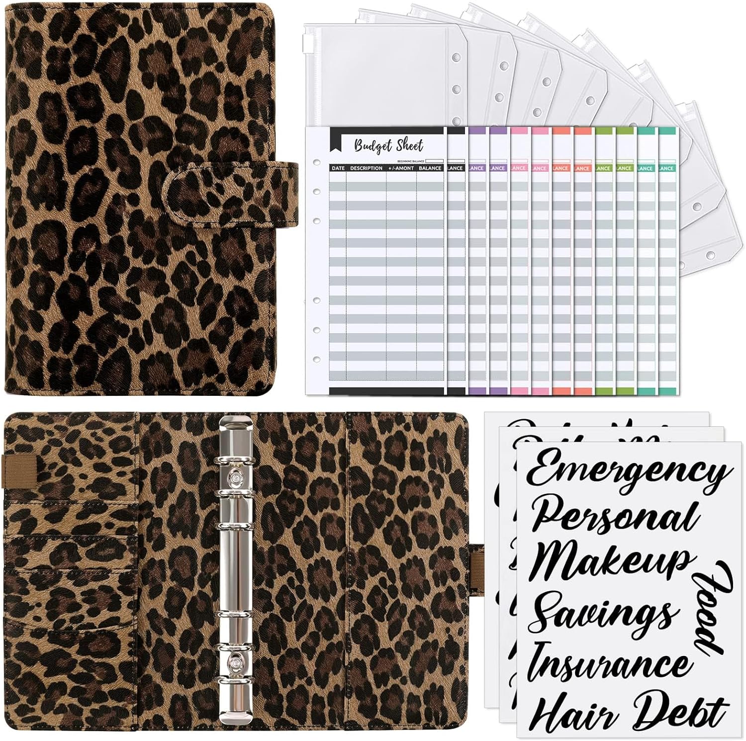 SKYDUE A6 Budget Binder with Zipper Envelopes, Money Organizer for Cash with 12Pcs Expense Budget Sheet & 24Pcs Stickers, Cash Envelopes for Budgeting and Saving