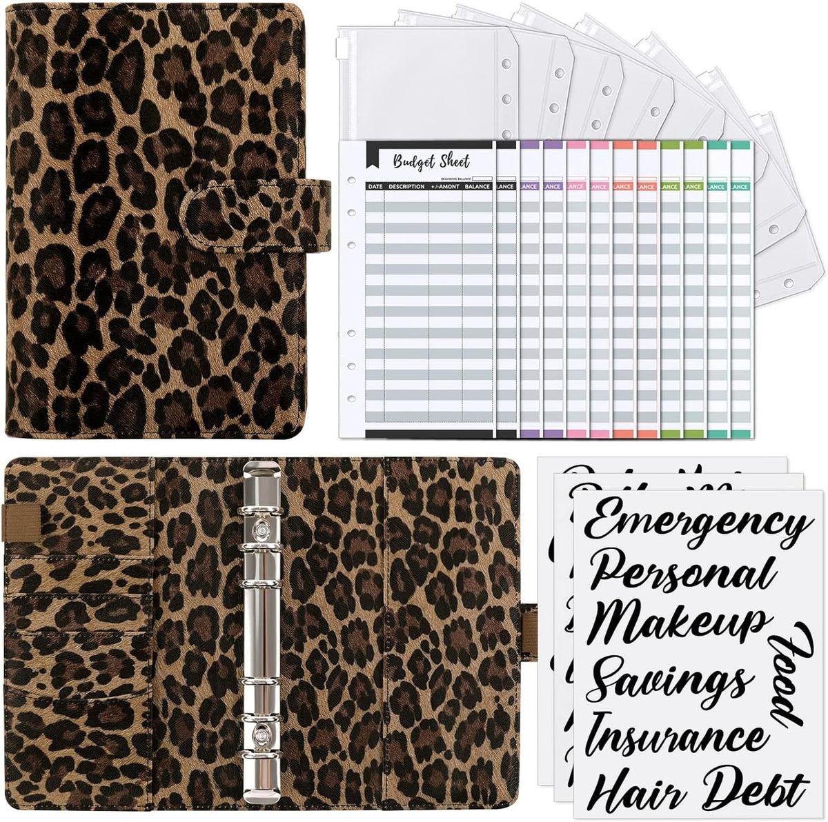 SKYDUE A6 Budget Binder with Zipper Envelopes, Money Organizer for Cash with 12Pcs Expense Budget Sheet & 24Pcs Stickers, Cash Envelopes for Budgeting and Saving