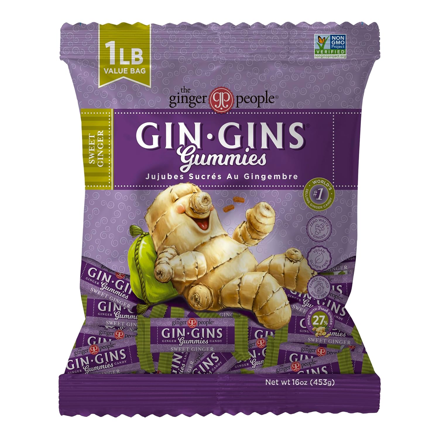 GIN GINS Sweet Ginger Gummies Made w/Fresh Ginger 1lb 1Pk